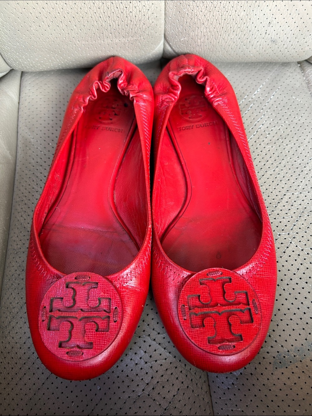 Tory Burch Red Leather Logo Ballet Flats